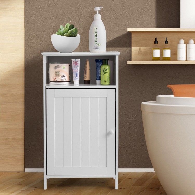 Freestanding white storage cabinet with adjustable shelf, ideal for bathroom or living room organization.