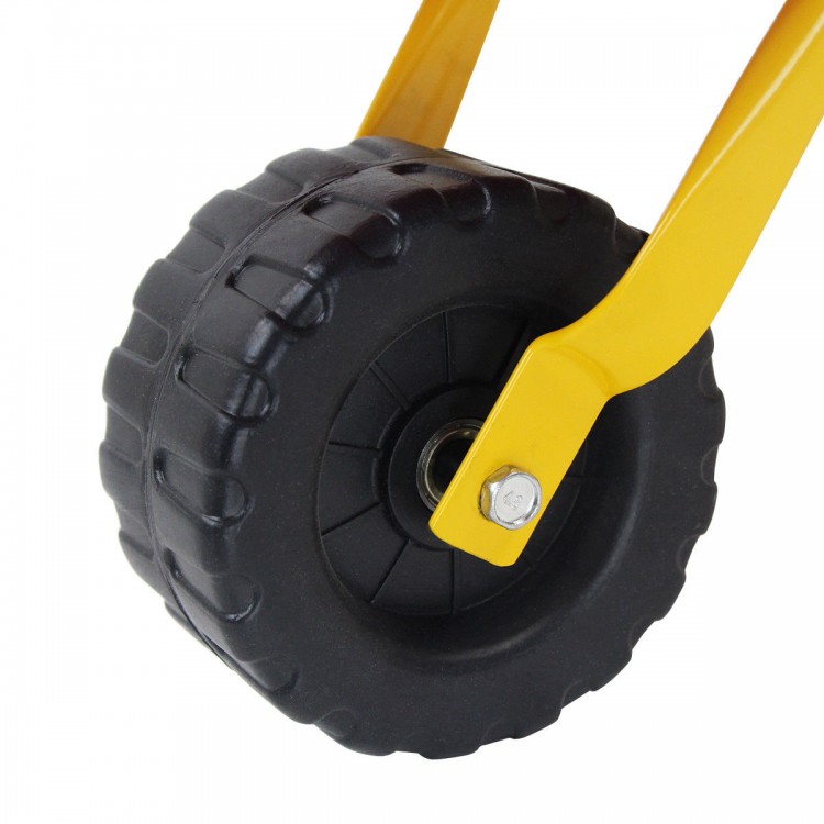 Close-up of the durable molded wheel of a kids' metal wheelbarrow, designed for outdoor play and transporting toys.
