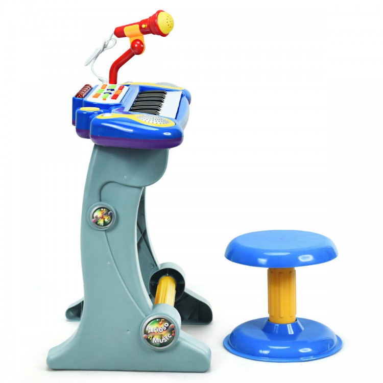Colorful 37 key electronic keyboard toy piano with detachable microphone and stool for kids' musical fun.