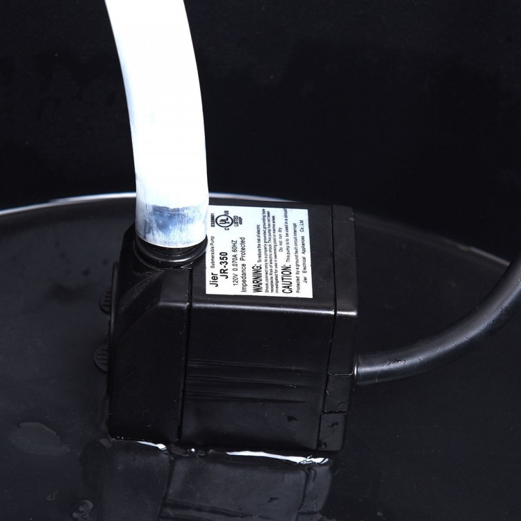 Close-up of the 120V UL certified pump for the 2-Tiers Outdoor Wooden Barrel Waterfall Fountain, ensuring water.