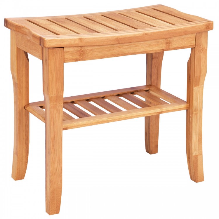 Bamboo shower chair bench with storage shelf, eco-friendly, moisture-resistant, ideal for bathroom use.