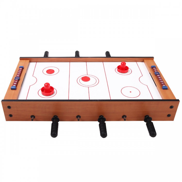2 in 1 air hockey and foosball game table with red components, perfect for indoor and outdoor fun for all ages.