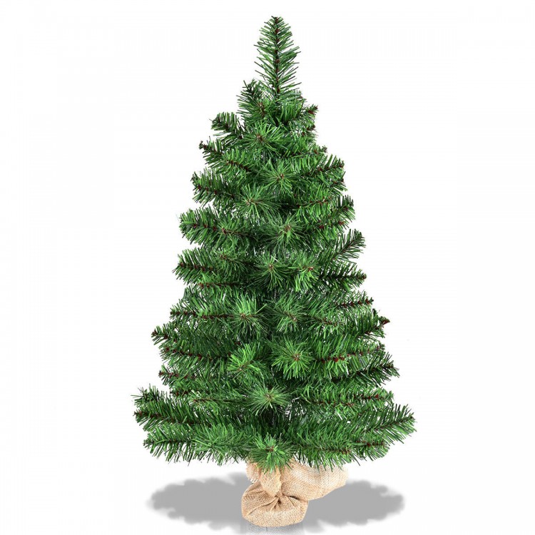 2 ft artificial PVC Christmas tree with a burlap bag base, perfect for holiday decor in any space.
