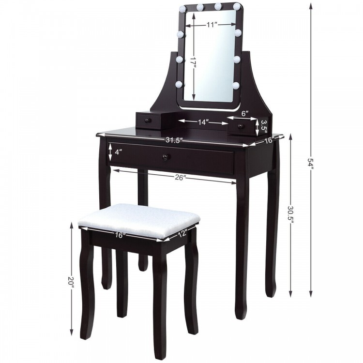 Brown vanity table set with spacious desktop, 10 LED lighted mirror, and cushioned stool for versatile use in any room.