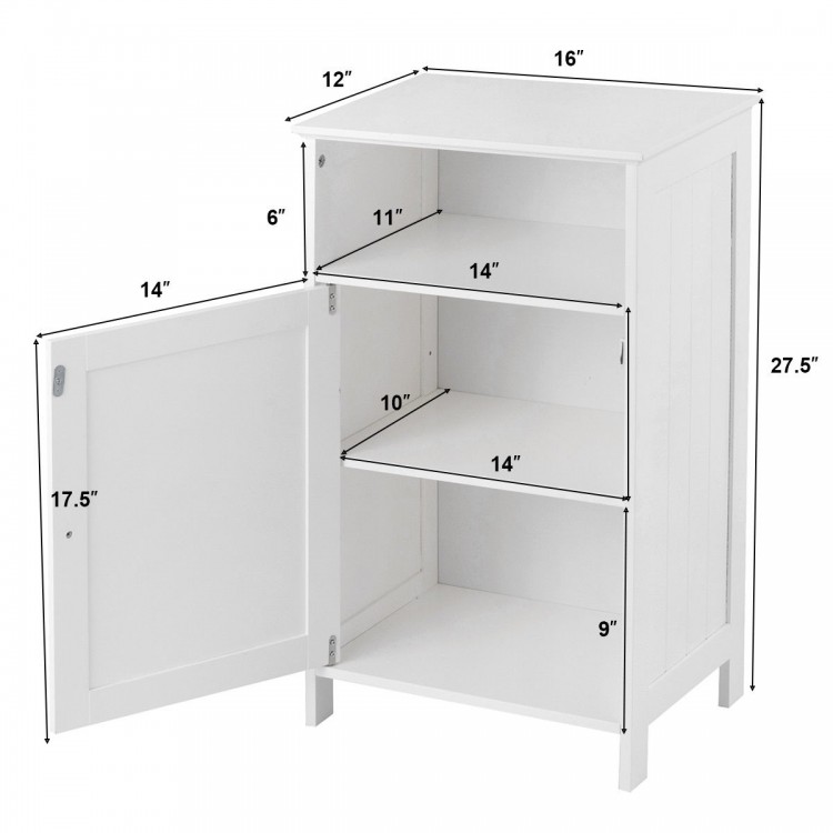 Freestanding white storage cabinet with adjustable shelves, perfect for bathroom or living room organization.