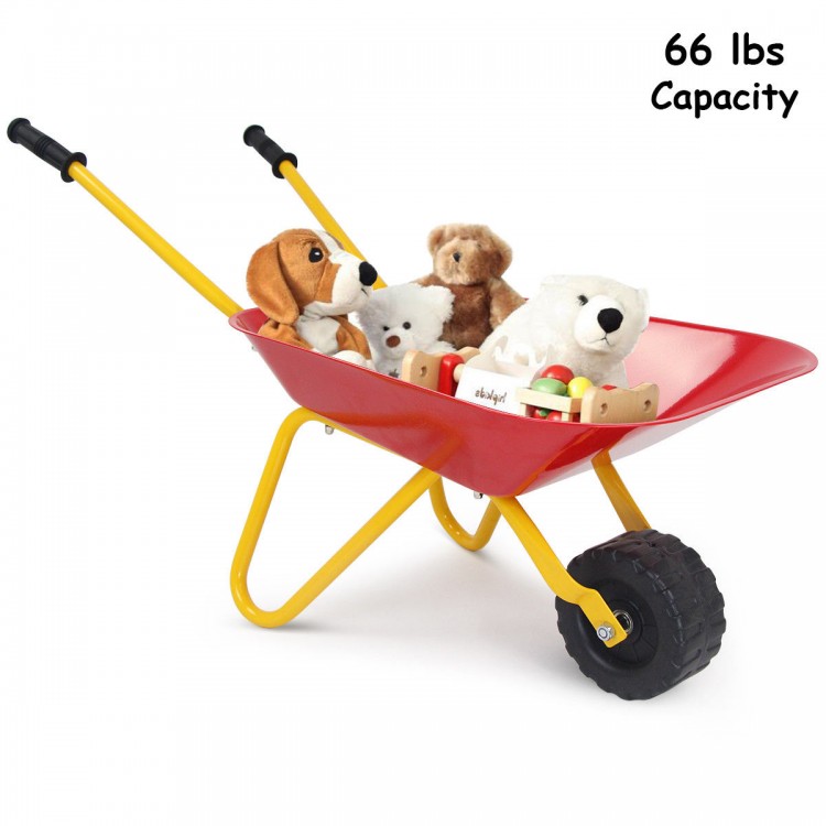 Red metal wheelbarrow for kids with 66 lbs capacity, featuring a seamless steel tray and durable molded wheel for.