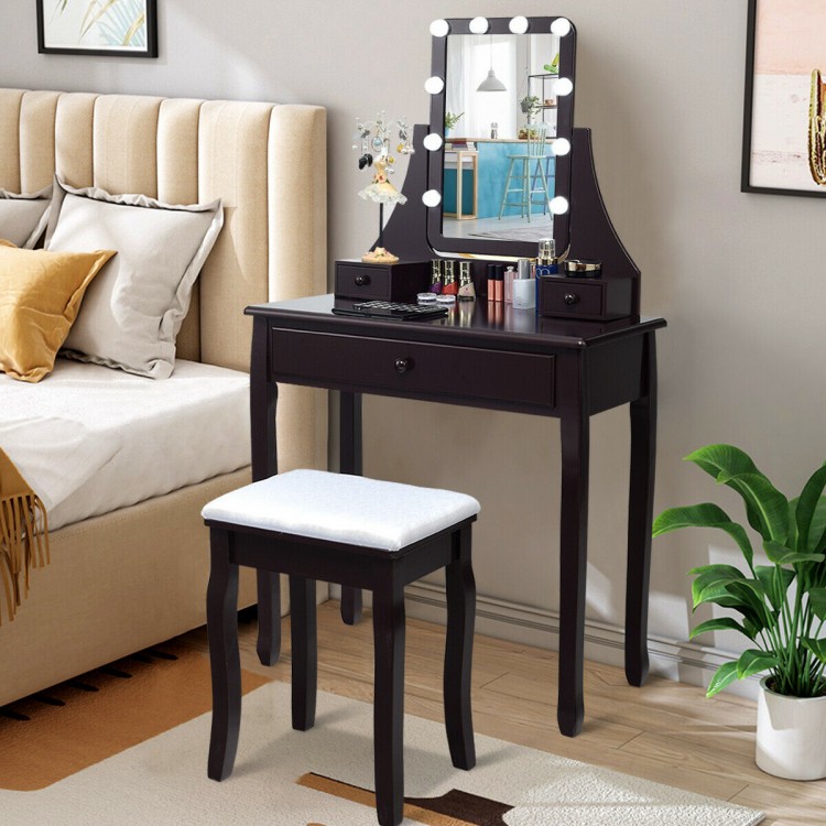 Elegant brown vanity table set with 10 LED lights, 3 drawers, and a cushioned stool for makeup and organization.