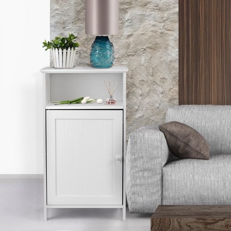 Freestanding white storage cabinet with adjustable shelf, perfect for living room or bathroom organization.