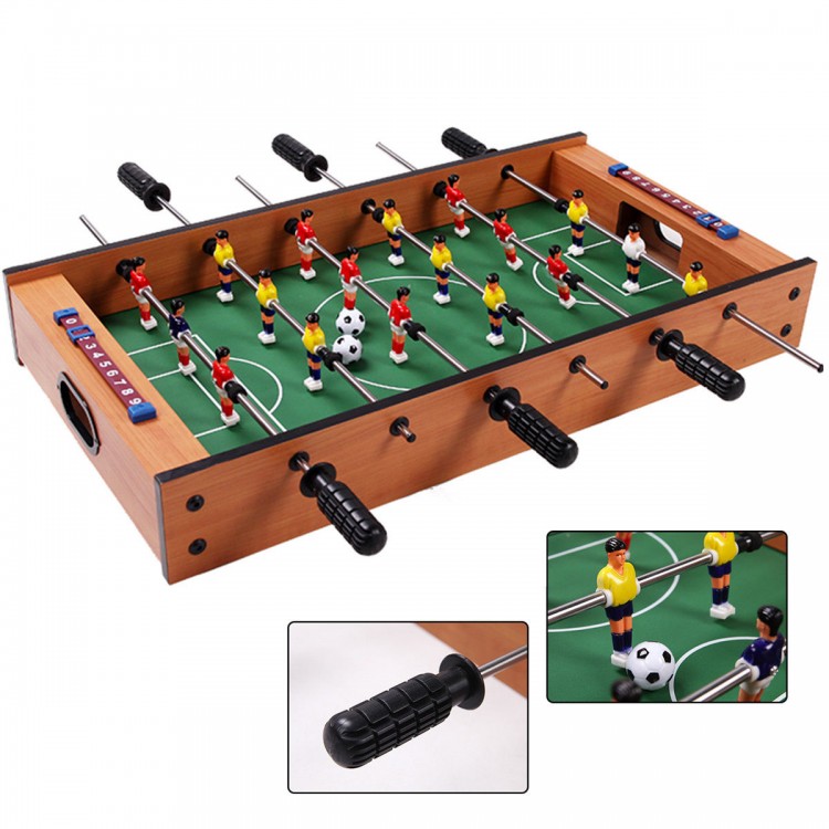 Foosball game table featuring rotating surfaces, includes players and balls, perfect for indoor and outdoor fun.