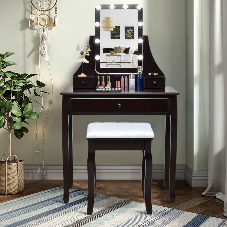 Brown vanity table set with 10 LED lighted mirror, 3 drawers, and cushioned stool for elegant dressing or writing.