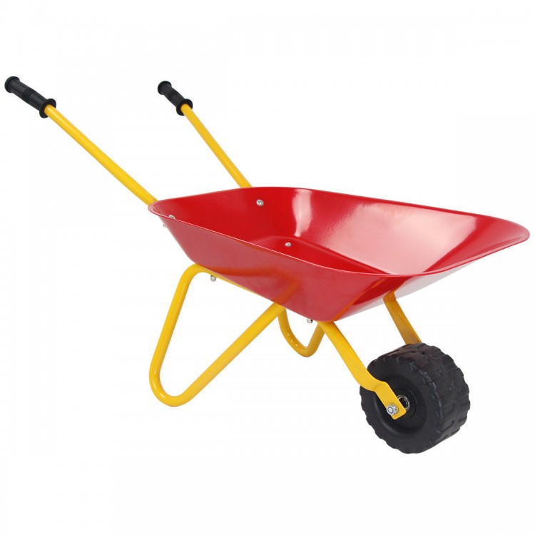 Kids metal wheelbarrow in red with seamless steel tray and yellow handles, perfect for outdoor play and transporting.