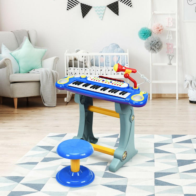 Colorful 37 key electronic keyboard toy piano for kids, includes microphone and stool, perfect for musical playtime.