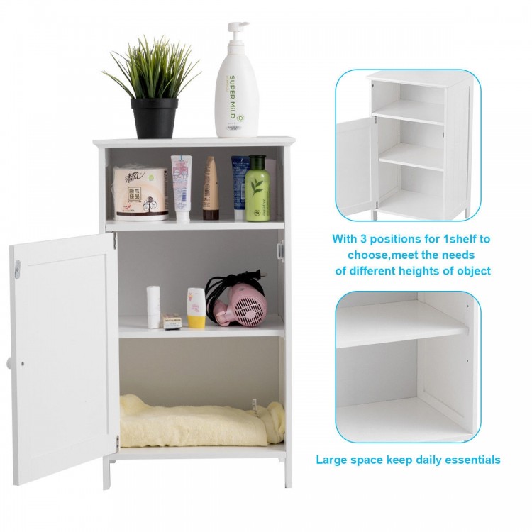 Freestanding white bathroom storage cabinet with adjustable shelf and ample space for organizing essentials.