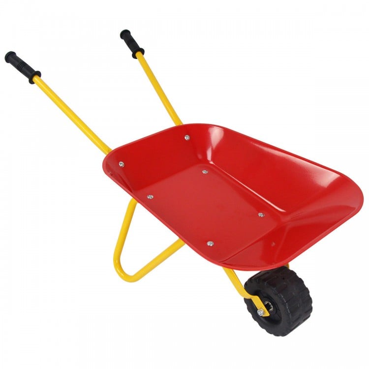 Kids metal wheelbarrow in red with seamless steel tray and yellow handles, perfect for outdoor play and yard chores.