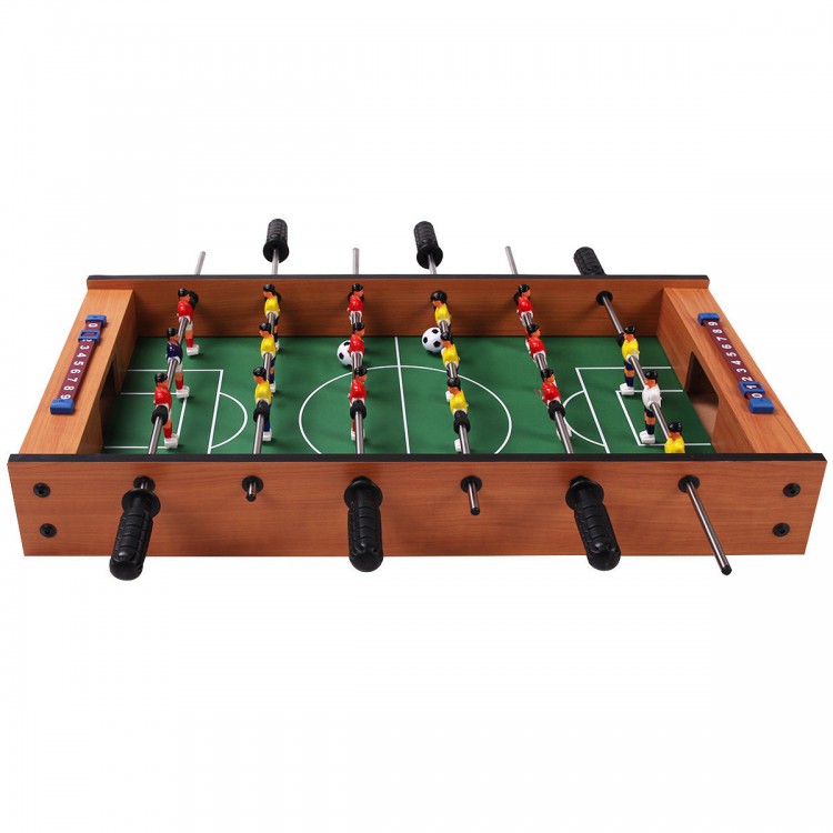 Foosball game table featuring a rotating design with red and yellow players, ideal for indoor and outdoor fun.