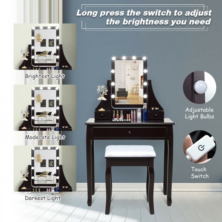 Brown vanity table set with 10 LED lights, 3 drawers, and cushioned stool for elegant dressing and organization.