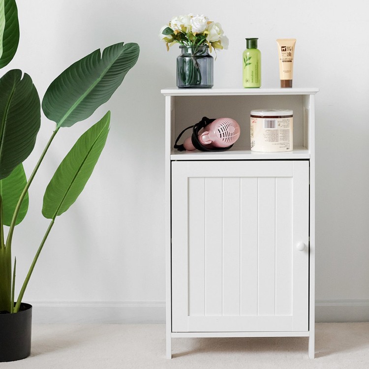 White freestanding bathroom storage cabinet with ample top surface, perfect for organizing beauty products and.