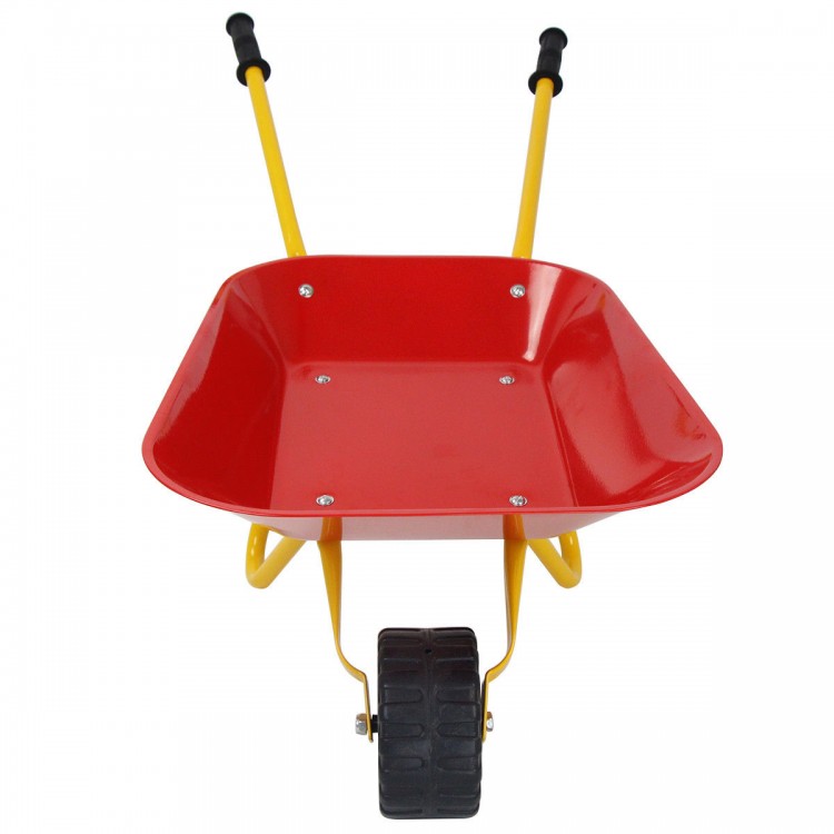 Red metal wheelbarrow with seamless steel tray and rubber handles, perfect for kids' outdoor play and yard chores.
