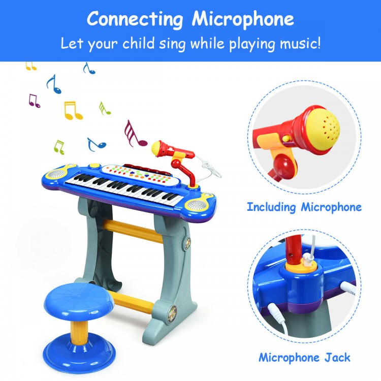 37-key electronic keyboard toy piano in blue with detachable microphone and stool, perfect for kids' musical play.