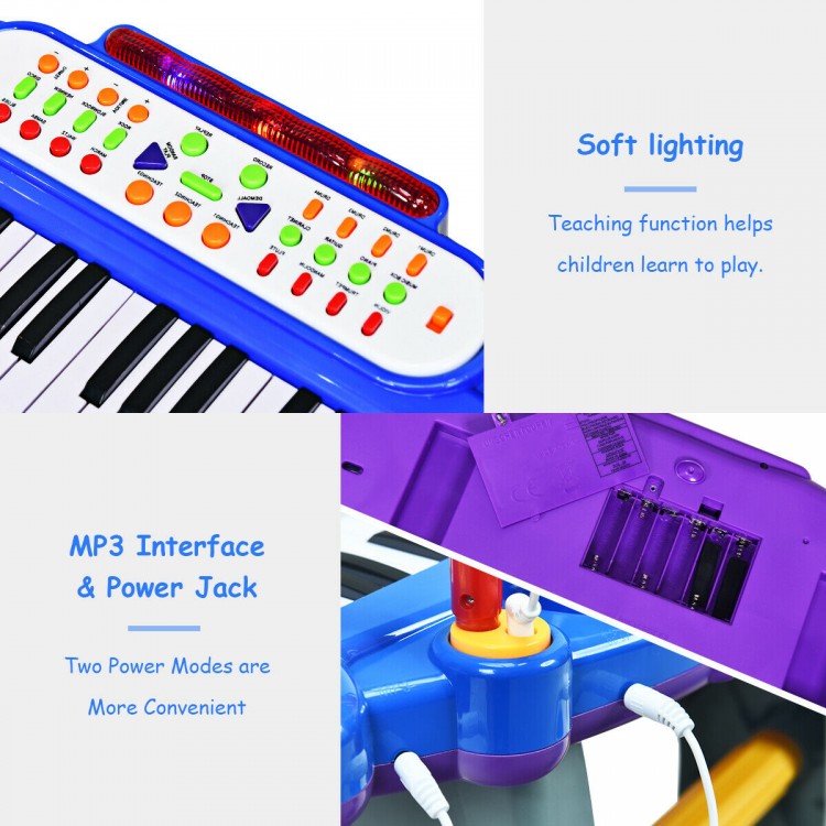 37-key electronic keyboard for kids in blue, featuring soft lighting, MP3 interface, and teaching functions for.