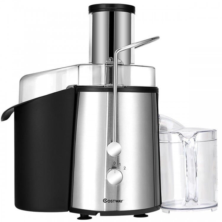 Electric juice press with stainless steel finish, 75mm wide feeder chute, and safety lock for easy fruit and vegetable.