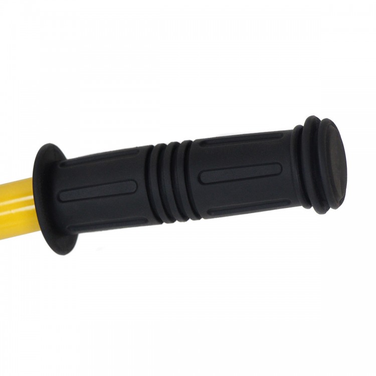 Close-up of the rubber handle on a kids' metal wheelbarrow, designed for easy control during outdoor play.