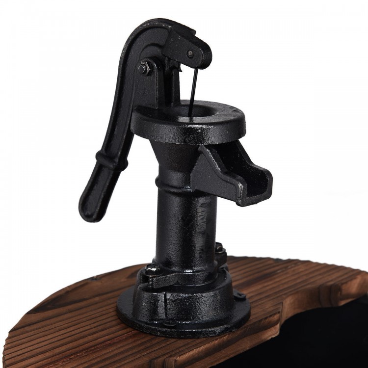 Close-up of the decorative hand pump on the 2-tiers outdoor wooden barrel waterfall fountain for garden decor.