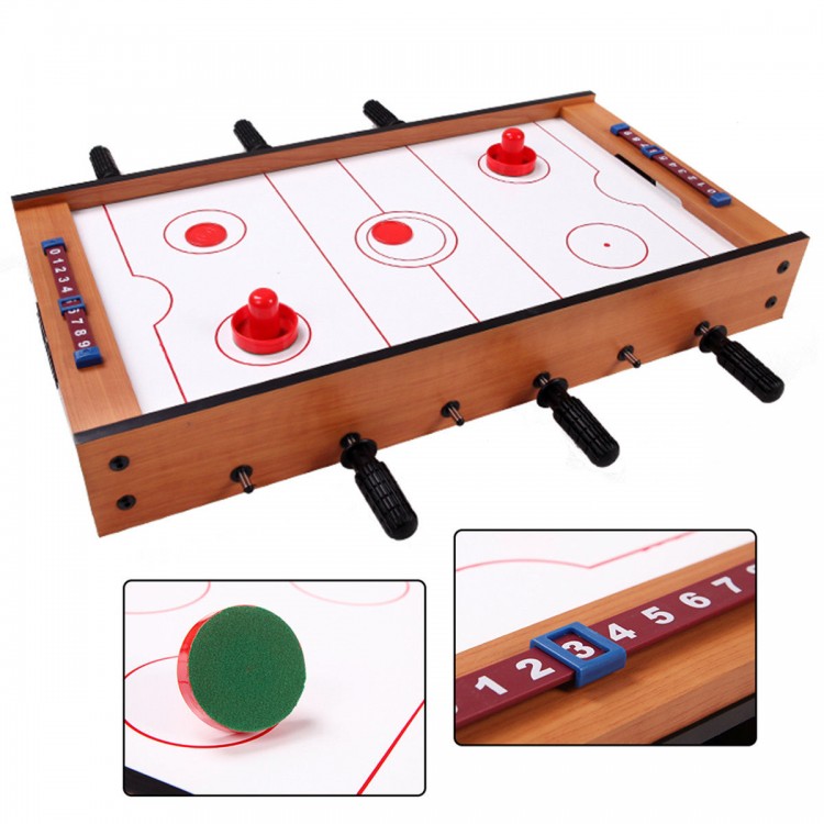 2 in 1 air hockey and foosball game table with rotating surfaces, includes pucks and cue sticks for indoor/outdoor fun.