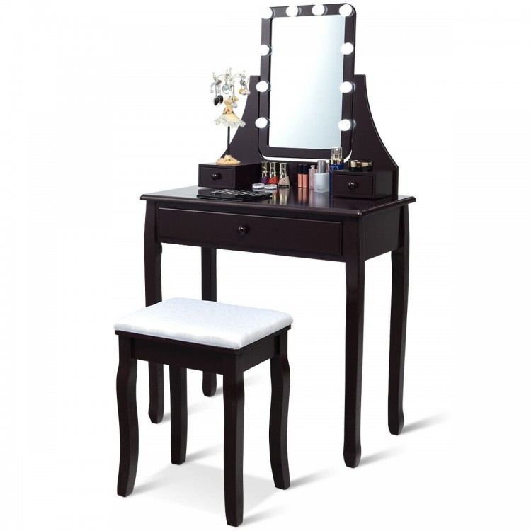 Elegant brown vanity table set with 10 LED lighted mirror, 3 drawers, and cushioned stool for beauty and organization.