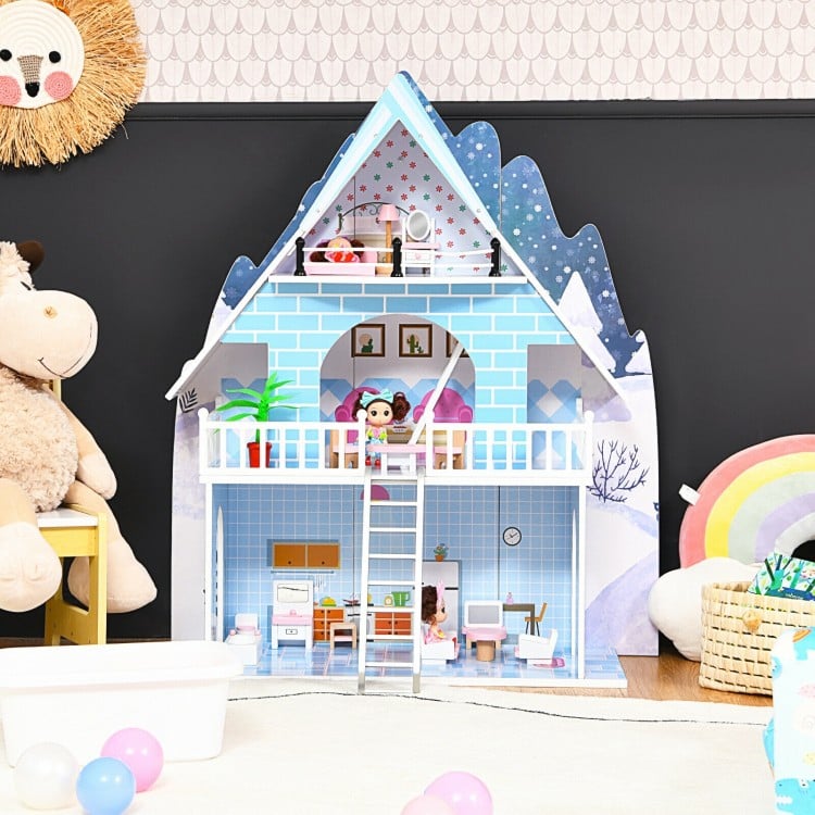 3-story wooden dollhouse with furniture and dolls, promoting imaginative play and parent-child interaction for ages 3+.