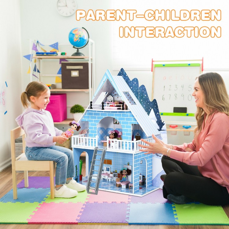 Wooden 3-story dollhouse playset with furniture and dolls, promoting parent-child interaction and imaginative play for.
