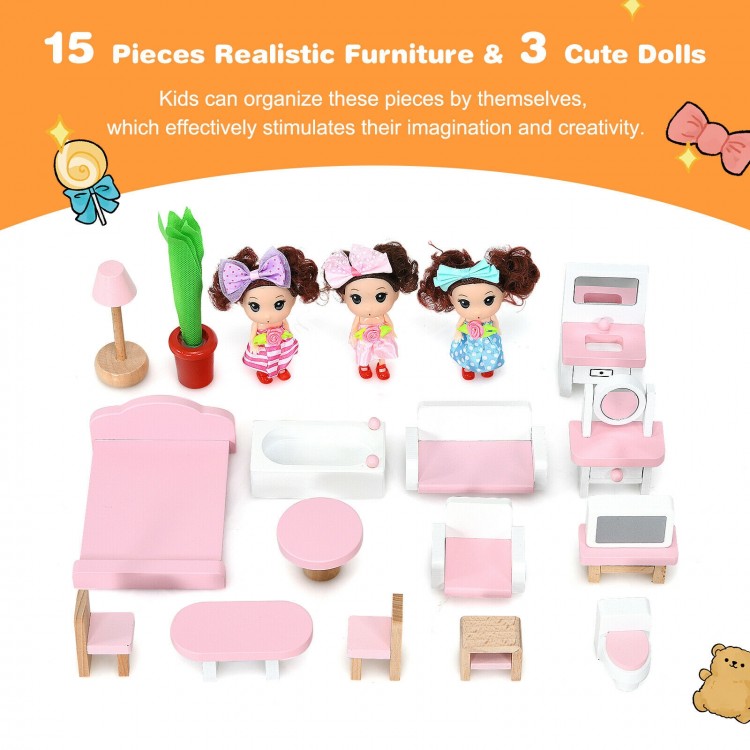 15-piece wooden dollhouse playset with furniture and 3 dolls, promoting creativity and safe roleplay for kids aged 3+.