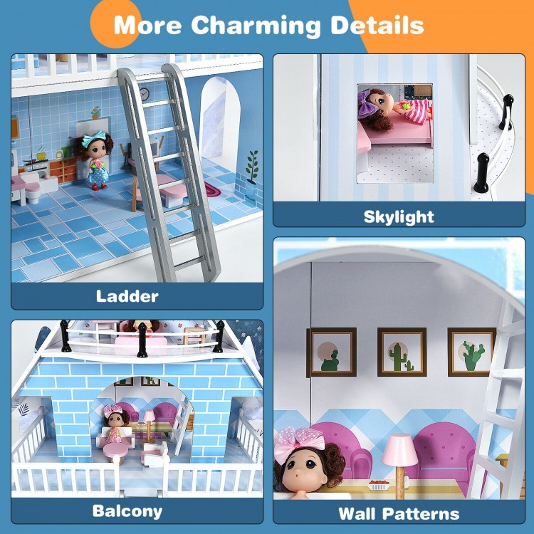 3-story wooden dollhouse with furniture, dolls, and safety features for imaginative play and parent-child interaction.