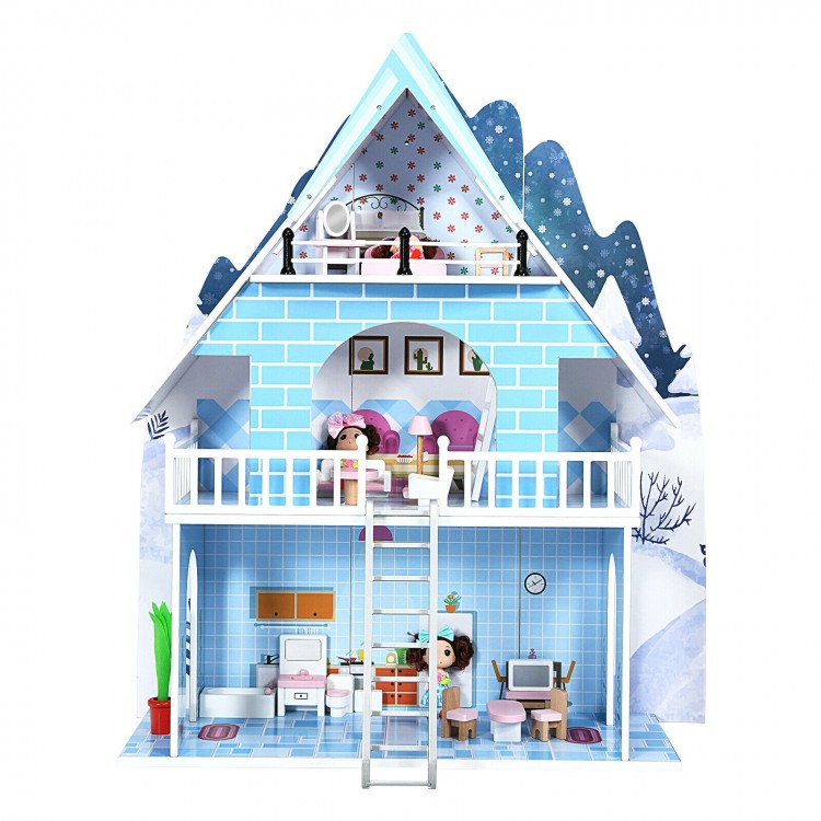 3-story wooden dollhouse with furniture and dolls, promoting roleplay and safe play for kids aged 3 and up.