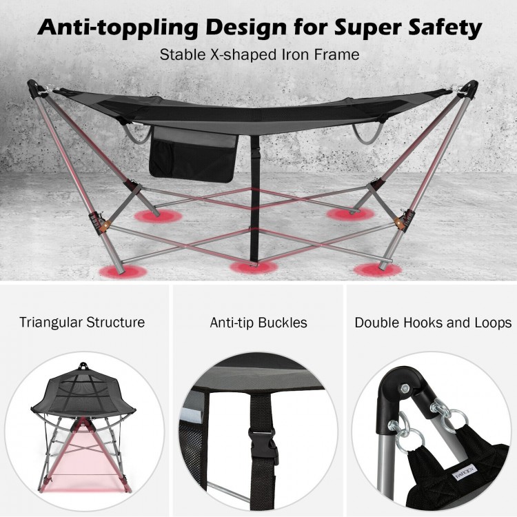 Portable folding hammock with gray oxford fabric and robust iron stand, featuring anti-tipping design for stability.