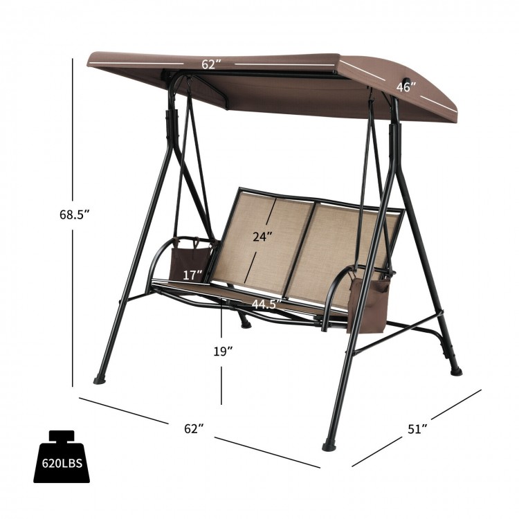 2-seat patio porch swing with adjustable canopy, brown fabric, sturdy frame, ideal for outdoor relaxation and stability.
