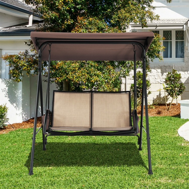 Two-seat patio porch swing with adjustable canopy and storage pockets, featuring a sturdy frame for outdoor relaxation.