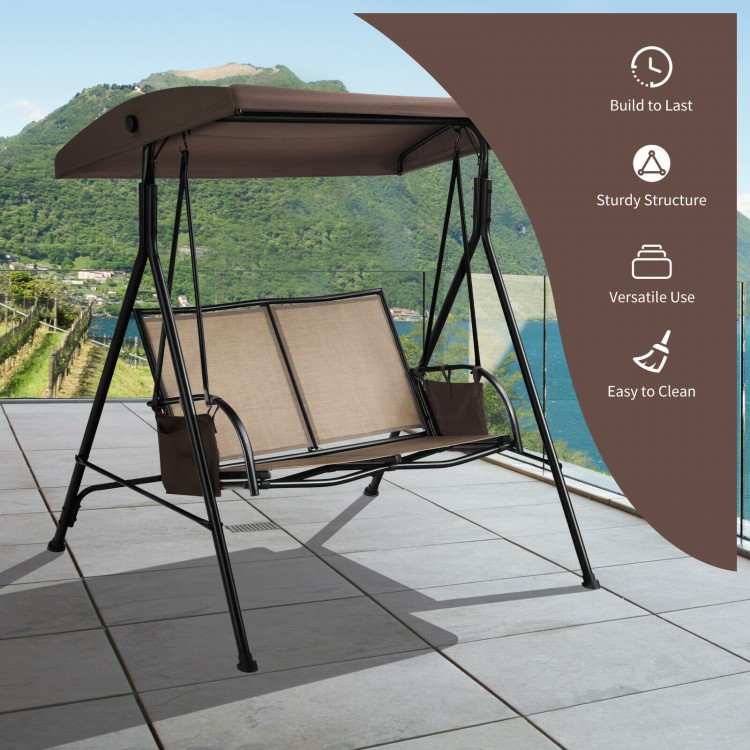 Two-seat patio porch swing with adjustable canopy in brown, featuring a sturdy frame and breathable fabric for outdoor.