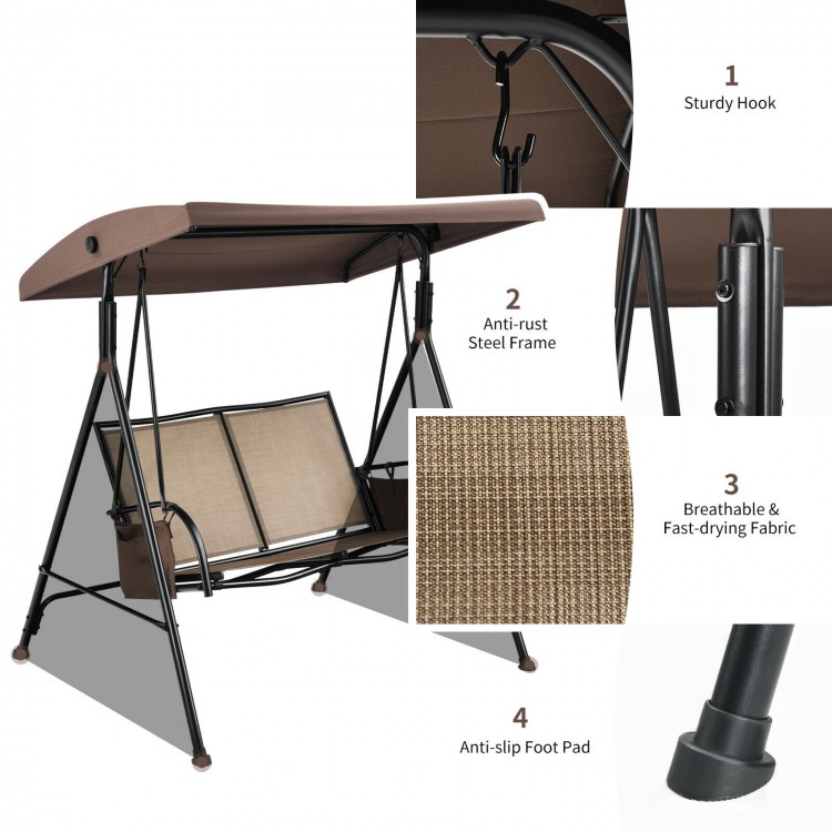 2-seat patio porch swing with adjustable canopy, breathable fabric, and sturdy steel frame for outdoor relaxation.