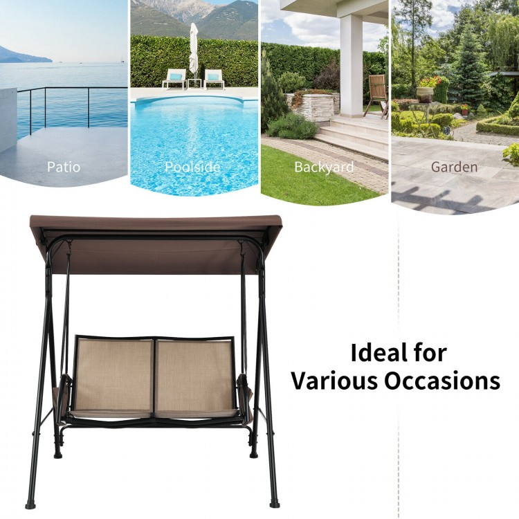 Two-seat patio porch swing with adjustable canopy and storage pockets, perfect for outdoor relaxation in various.