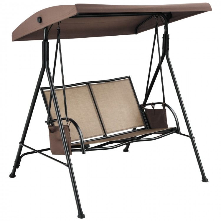 Side view of a brown 2-seat patio swing with adjustable canopy and large seat, ideal for outdoor comfort and stability.