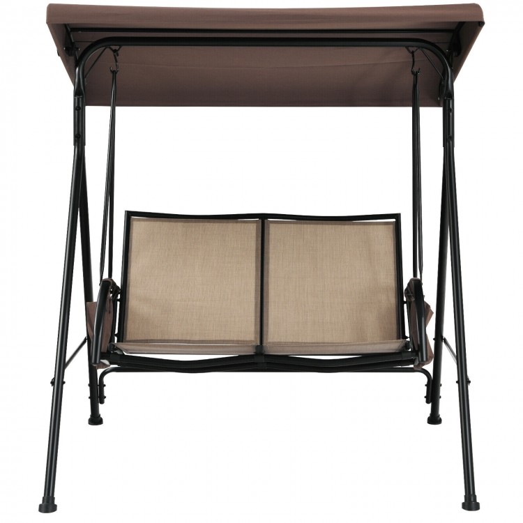 Two-seat patio porch swing with adjustable canopy in brown, featuring ergonomic design and sturdy frame for outdoor.