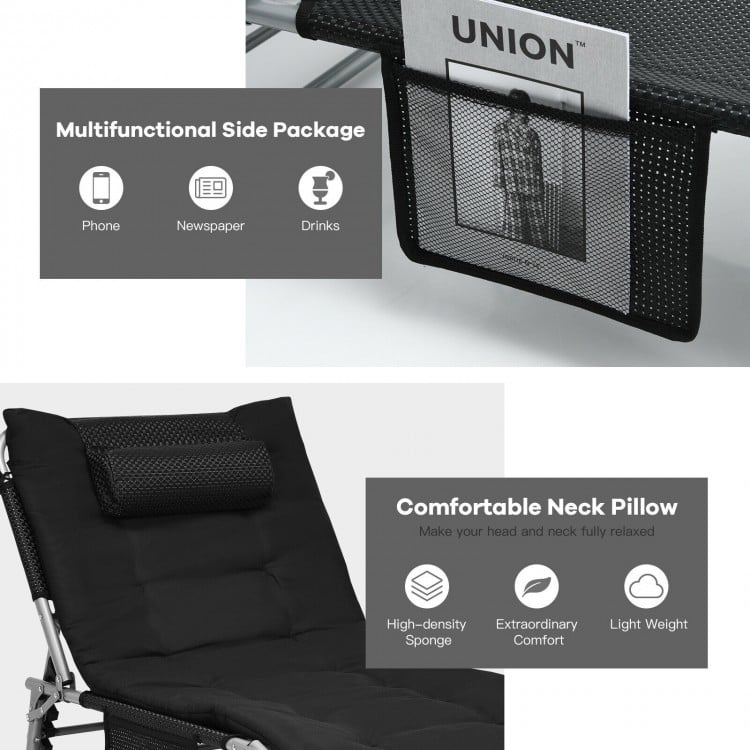 Black 4-fold oversized padded lounge chair with removable mattress and neck pillow, ideal for outdoor relaxation.