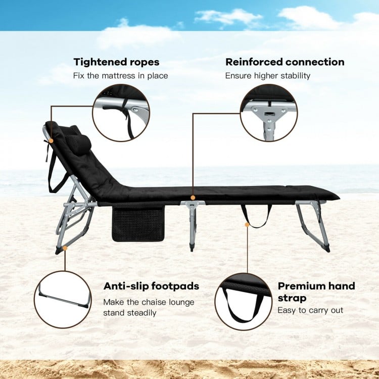 Oversized black folding lounge chair with removable mattress, adjustable positions, and anti-slip footpads for outdoor.