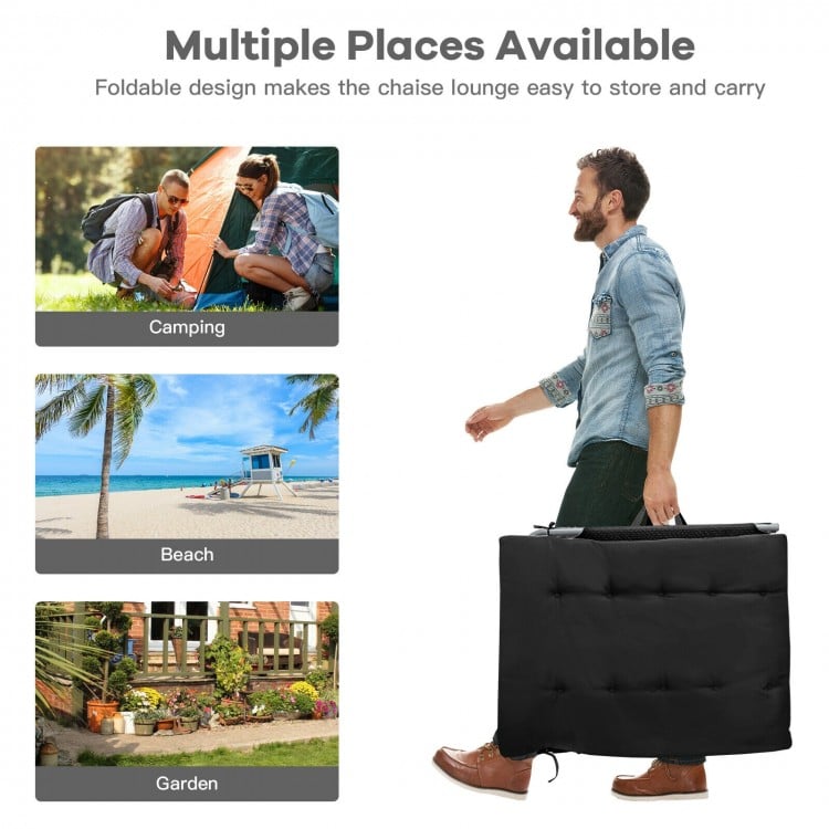 Oversize padded folding lounge chair in black, showcasing its foldable design for easy storage and outdoor use.