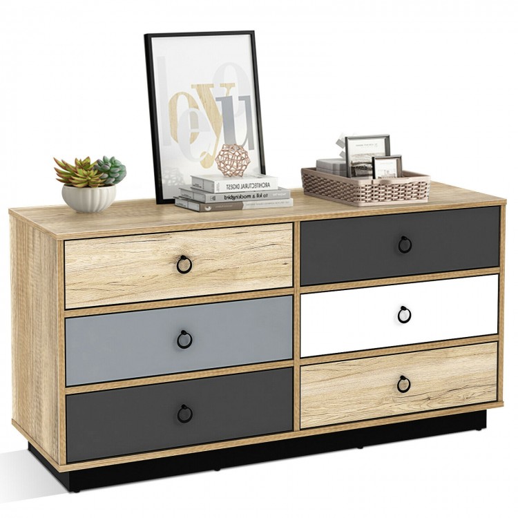 6-drawer double dresser in wood finish with gray and white accents, ideal for bedroom or hallway storage solutions.