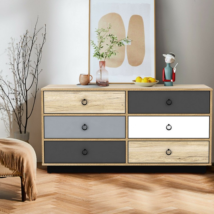 6-drawer double dresser in modern style with wood finish, perfect for bedroom or hallway storage and organization.