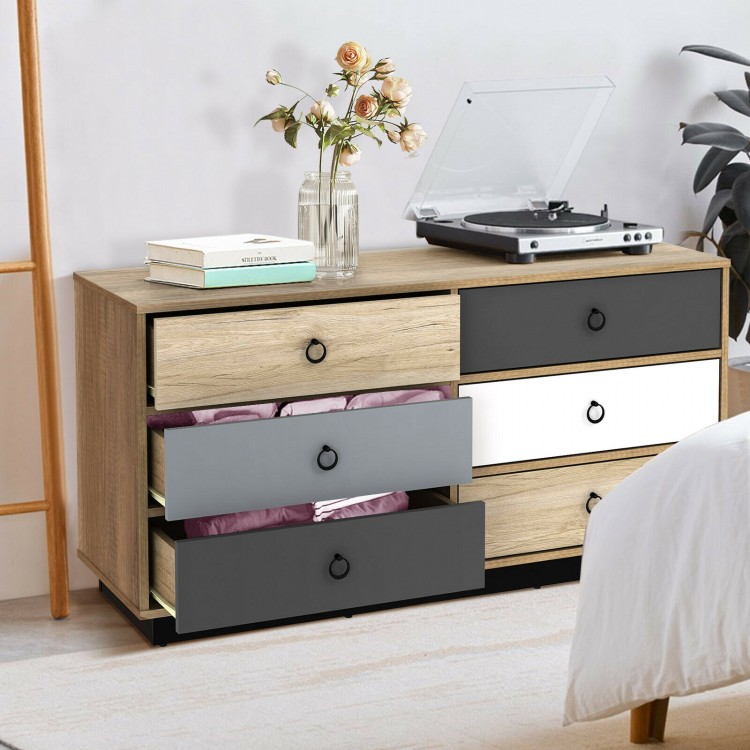 6-drawer double dresser in modern style with wood finish, perfect for bedroom or hallway storage solutions.