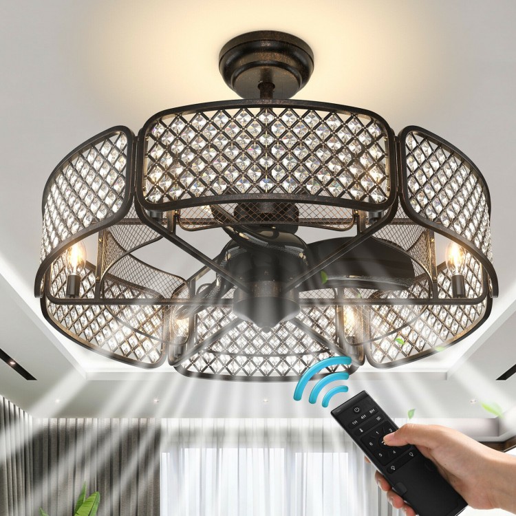Caged ceiling fan with light in coffee finish, featuring remote control and 6 adjustable speeds for versatile use.
