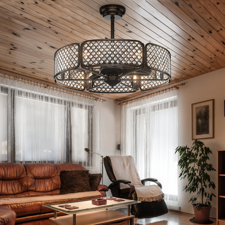30-inch caged ceiling fan with light, featuring a crystal lampshade and 6 light bases, ideal for living room decor.